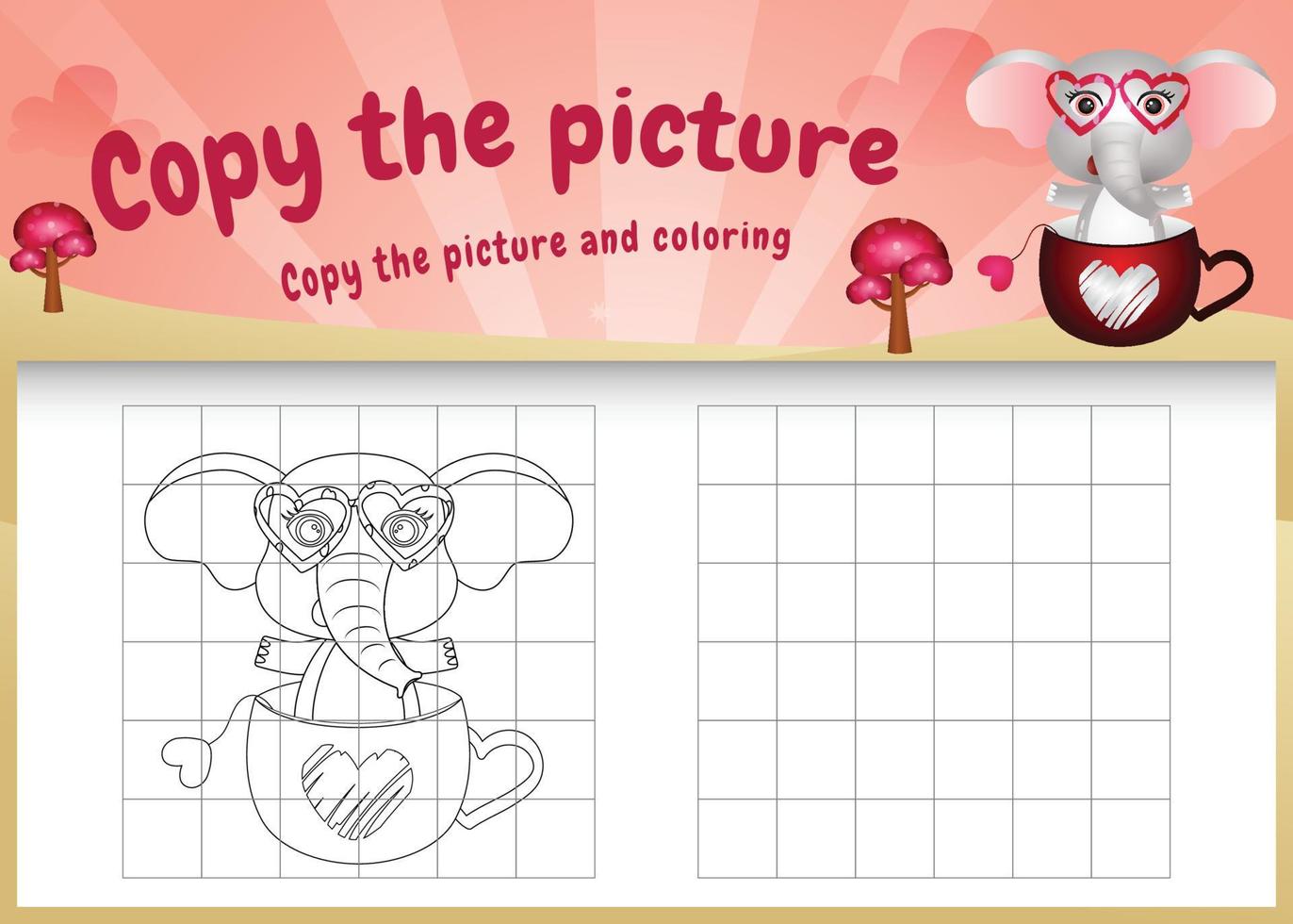 copy the picture kids game and coloring page with a cute elephant using valentine costume vector