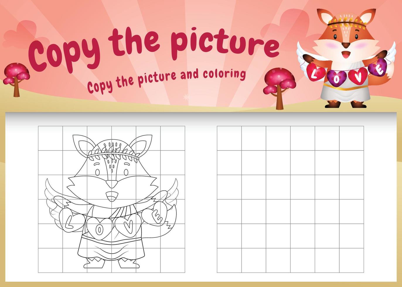 copia la imagen del juego de niños y la página para colorear con un lindo zorro usando un disfraz de San Valentín vector