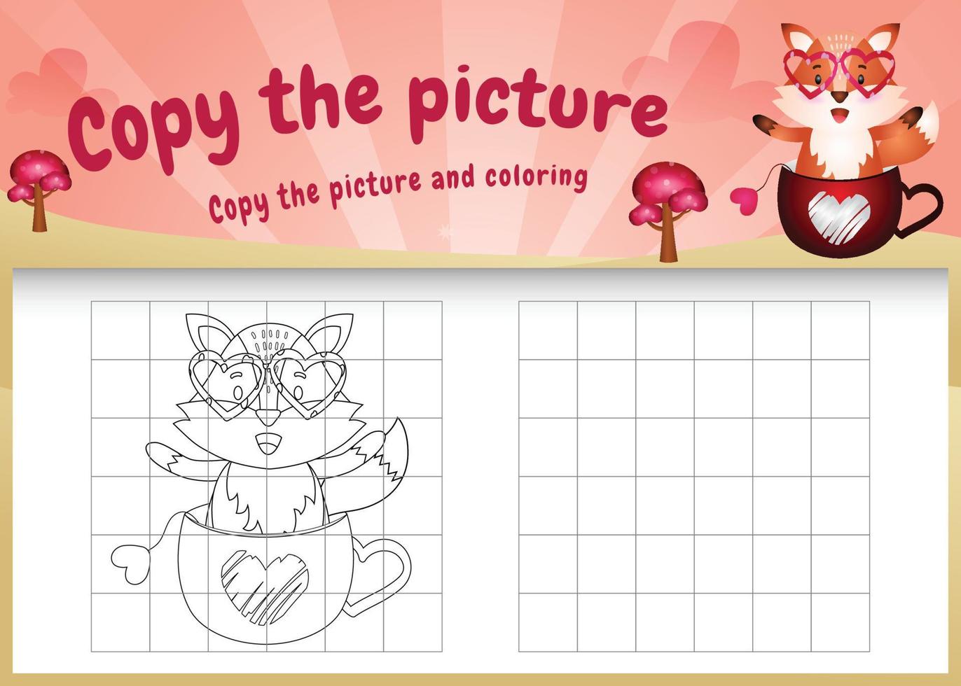 copy the picture kids game and coloring page with a cute fox using valentine costume vector