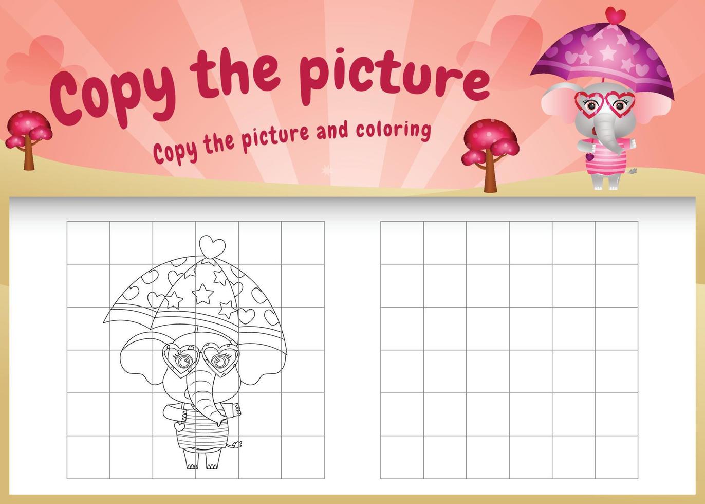 copy the picture kids game and coloring page with a cute elephant using valentine costume vector