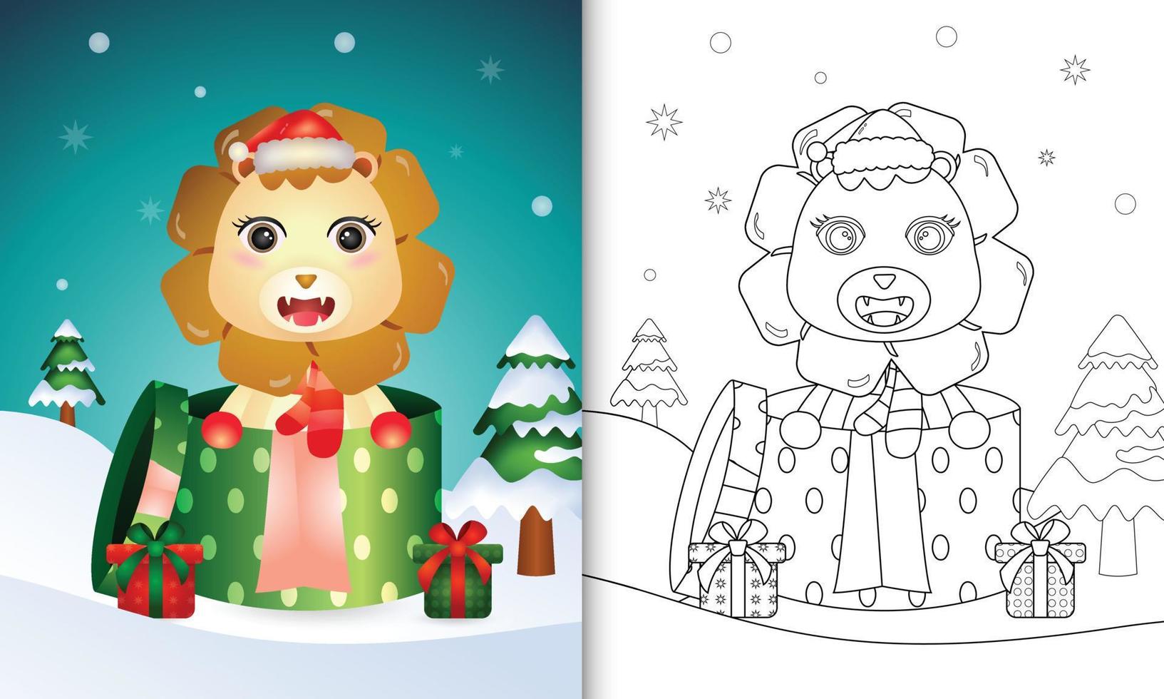 libro para colorear con un lindo león personajes navideños usando gorro de Papá Noel y bufanda en la caja de regalo vector