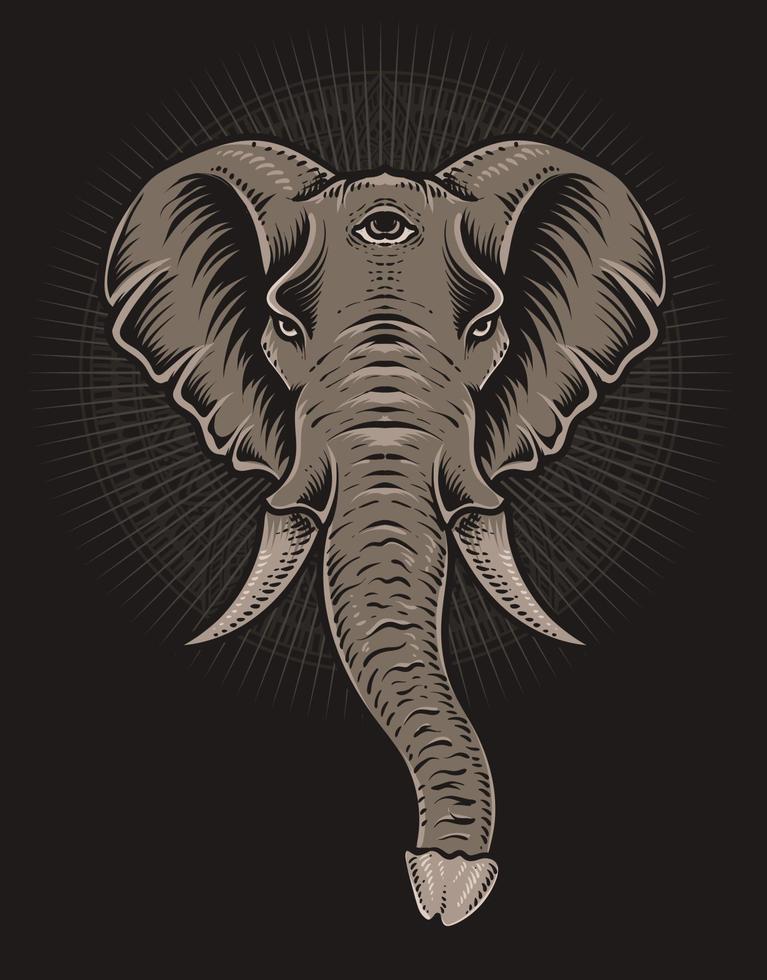 Ilustración cabeza de elefante vintage sobre fondo negro vector