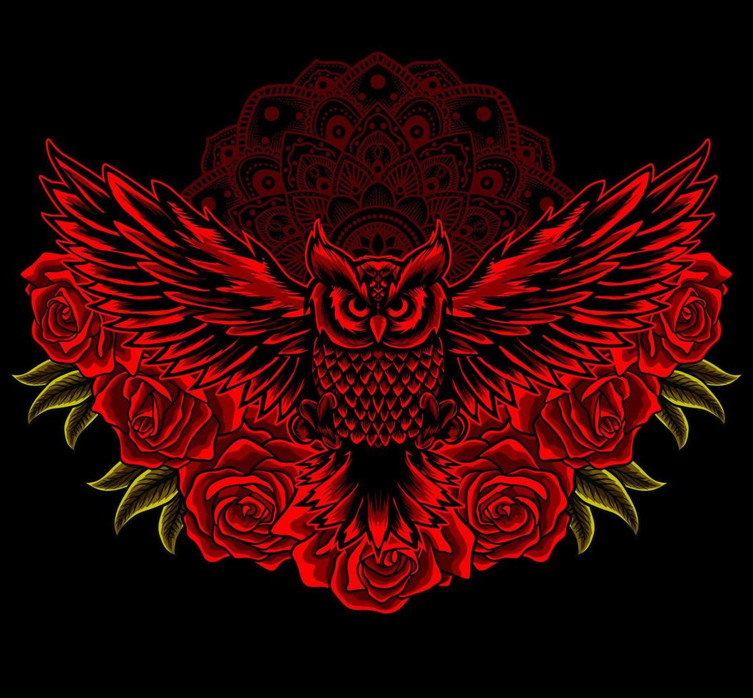 illustration owl bird and rose flower vector
