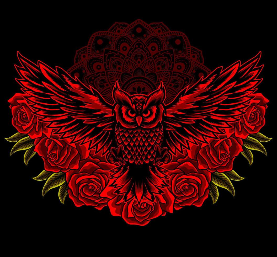 illustration owl bird and rose flower vector