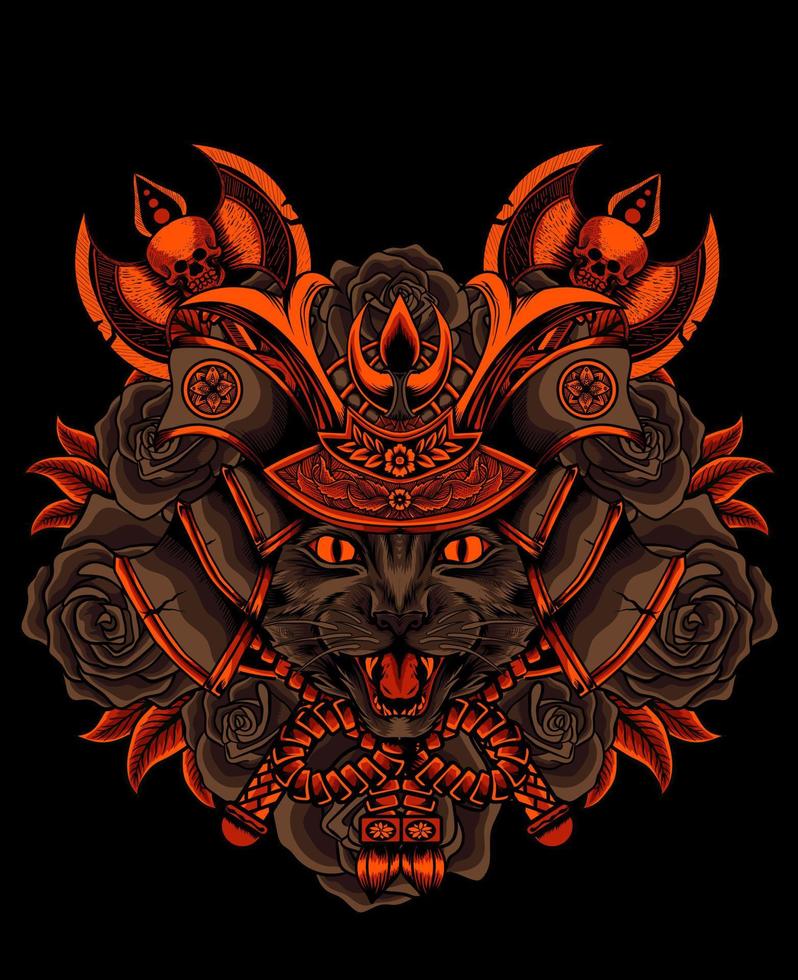 illustration cat samurai head with rose flower vector