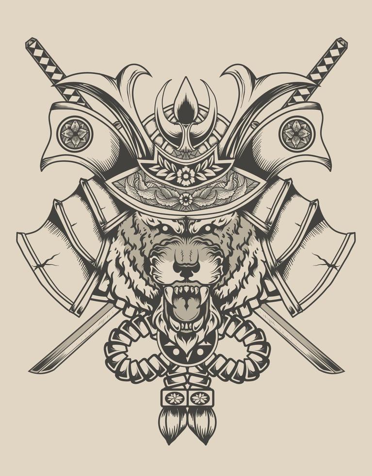 illustration samurai tiger head monochrome style vector