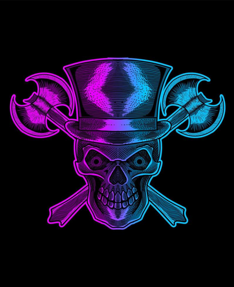 illustration neon skull head with ax weapon vector