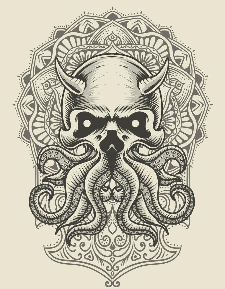 illustration octopus skull with mandala ornament vector