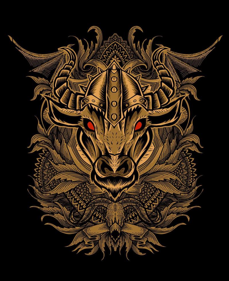 ilustración, cabeza de toro, con, grabado, ornamento vector