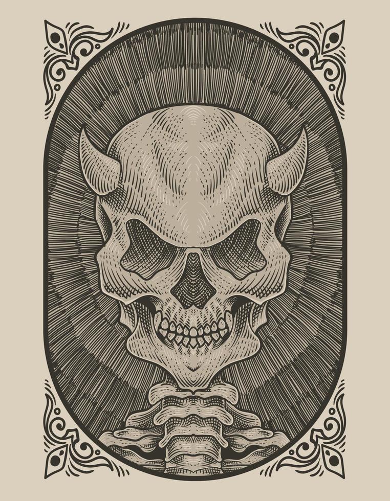 ilustración, cráneo, demonio, con, grabado, estilo vector