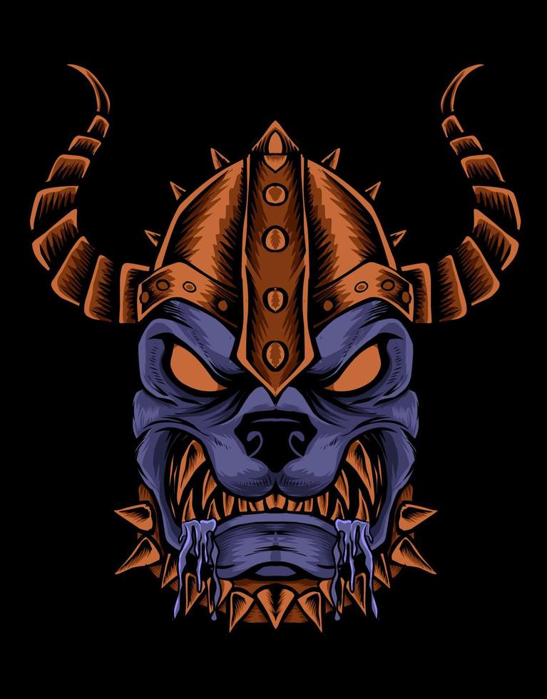 illustration dog viking head on black background vector