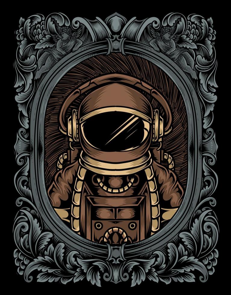 illustration astronaut with engraving ornament frame vector