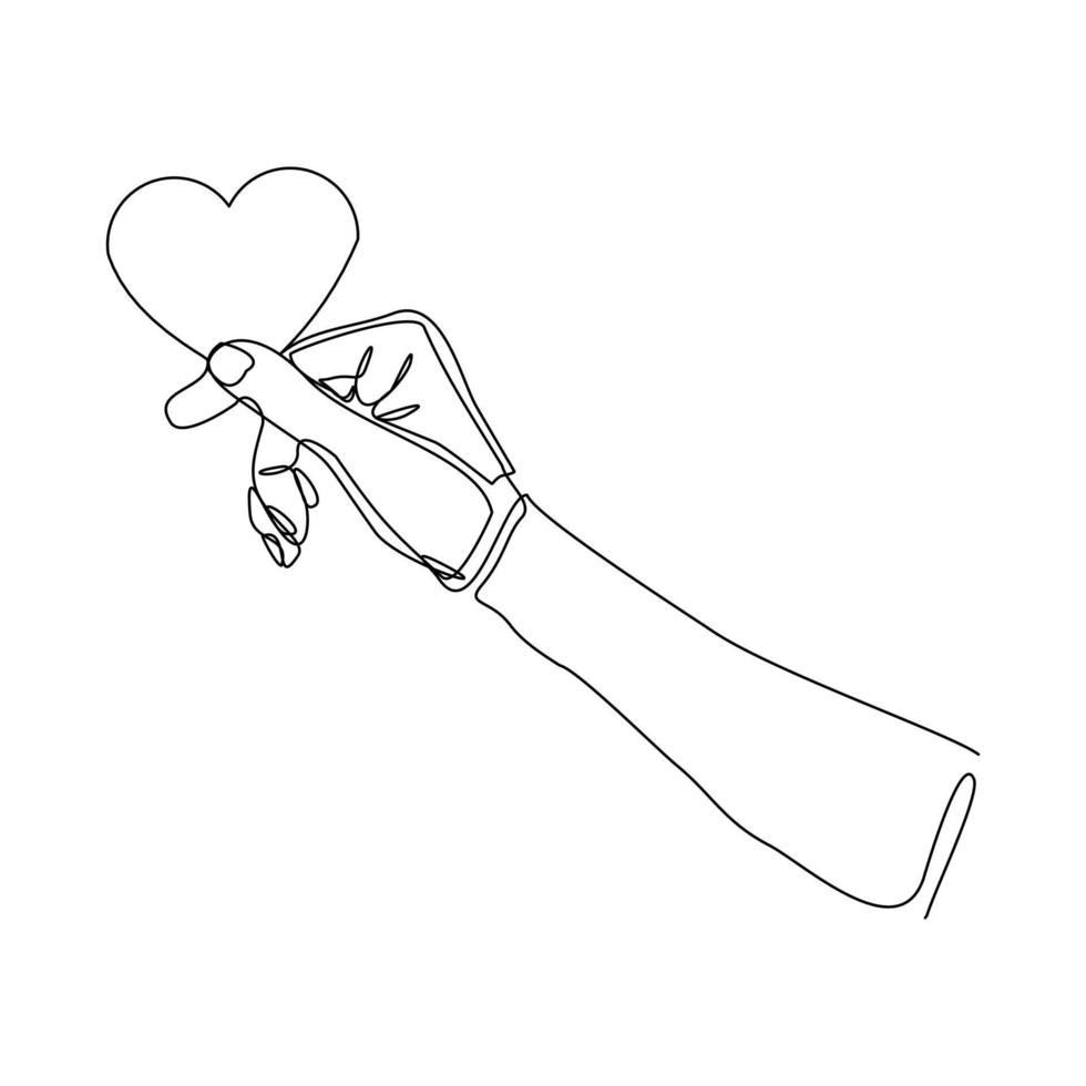 Continuous line drawing of hand holding love heart on white background. Single one line art of valentine. Vector illustration