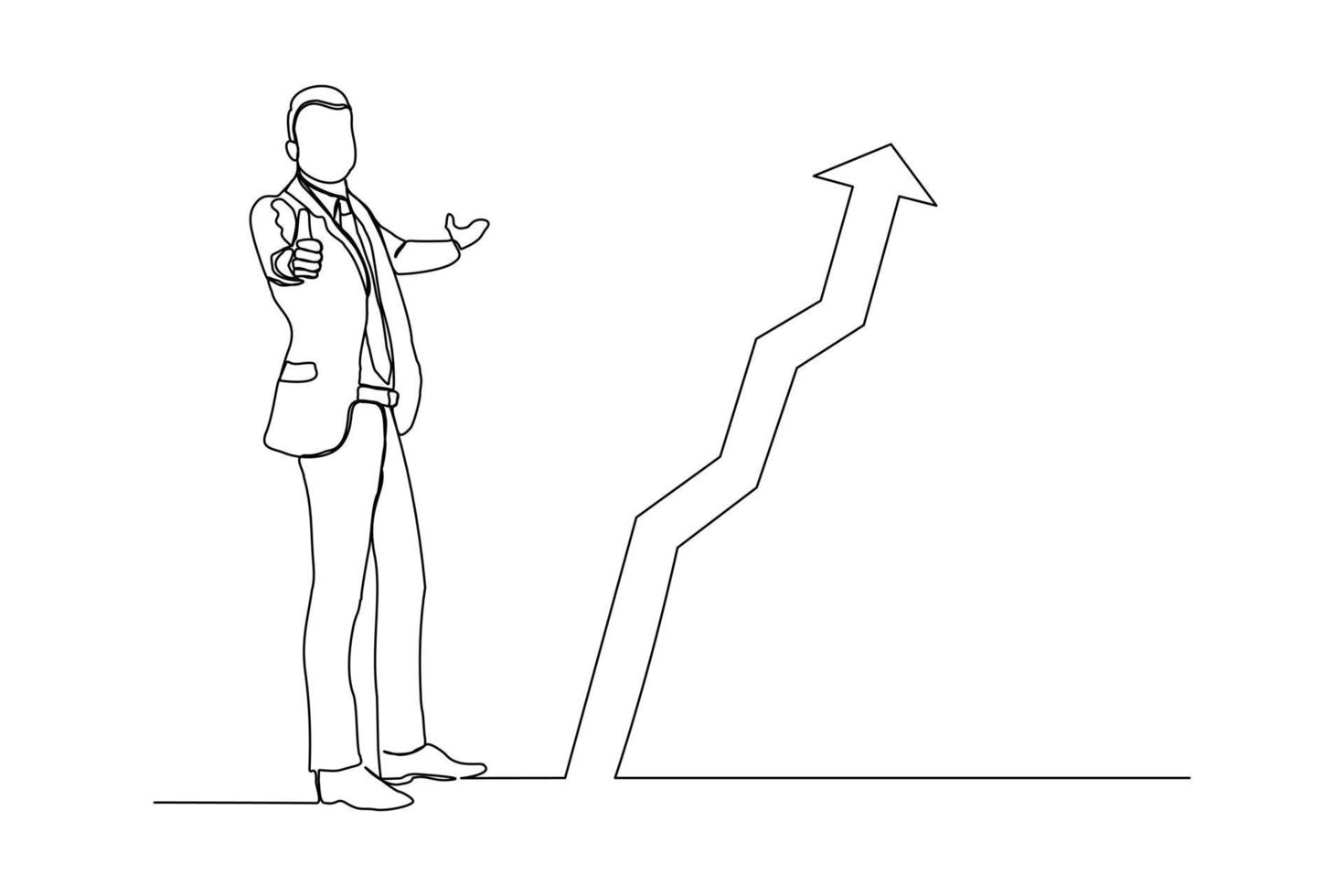 Continuous line drawing of standing business man show growing graphic diagram. Single one line art of business increase success progress. Vector illustration