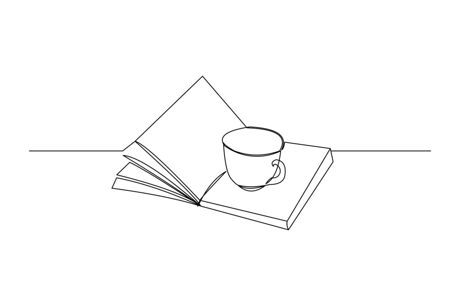 Continuous line drawing of an open book beside a cup of coffee at work desk. Writing draft business concept. Modern single one line art draw design vector graphic illustration