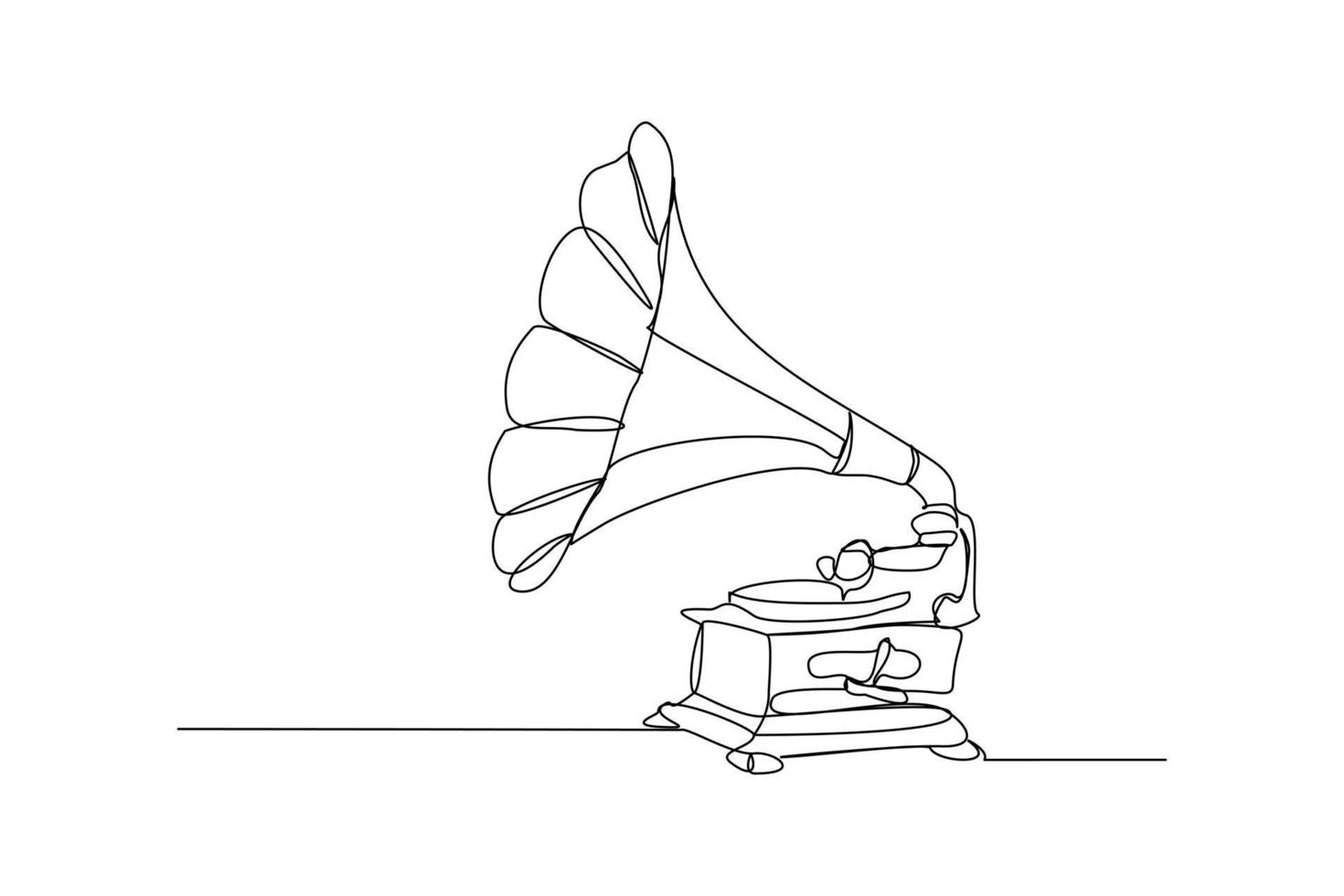 Continuous line drawing of old retro analog gramophone with vinyl desk. Single one line art of antique vintage music player concept. Musical instrument design vector illustration
