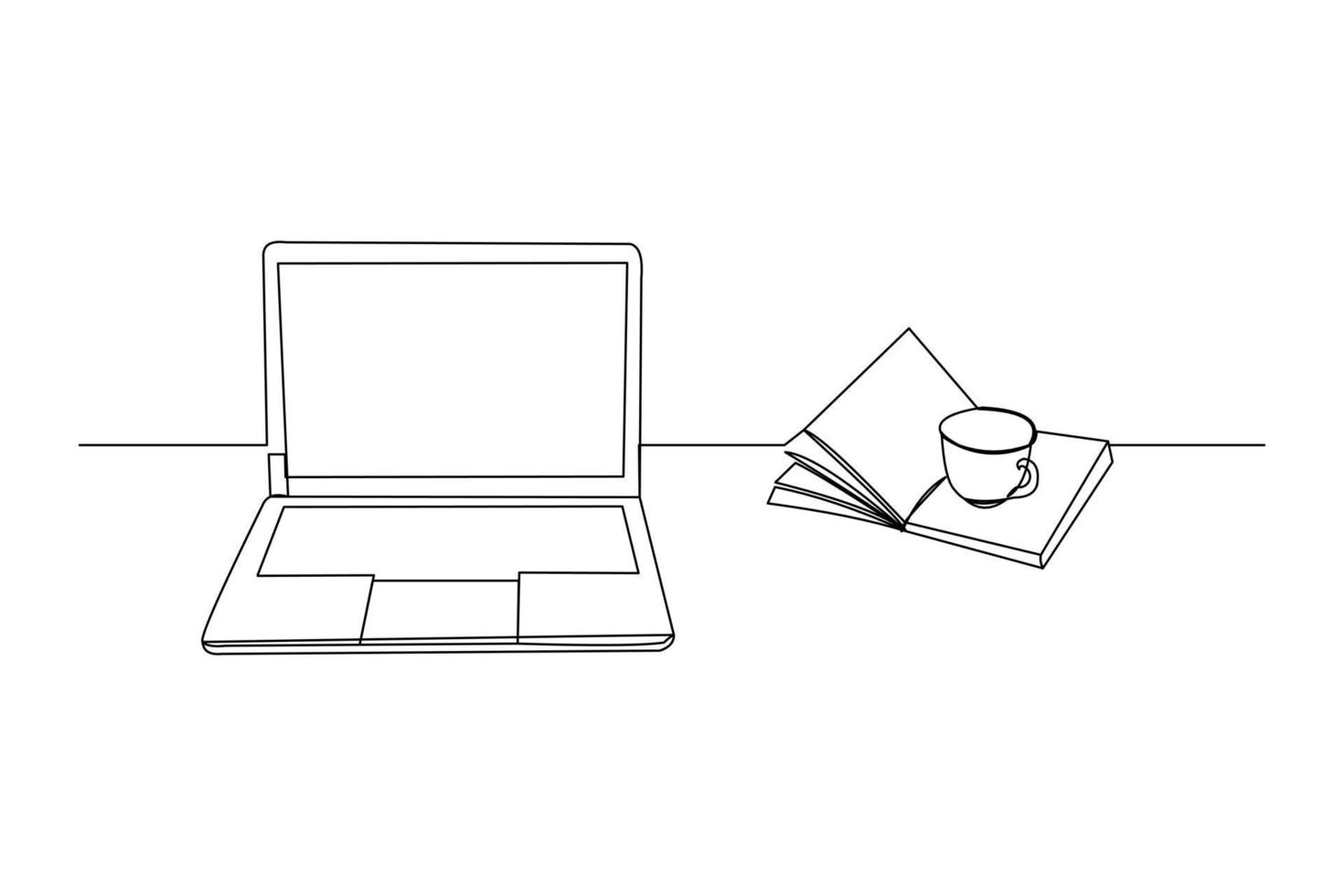 Continuous line drawing of stack of books line up with computer laptop, book and a cup of coffee. One line of study space desk concept. Single line draw design vector illustration