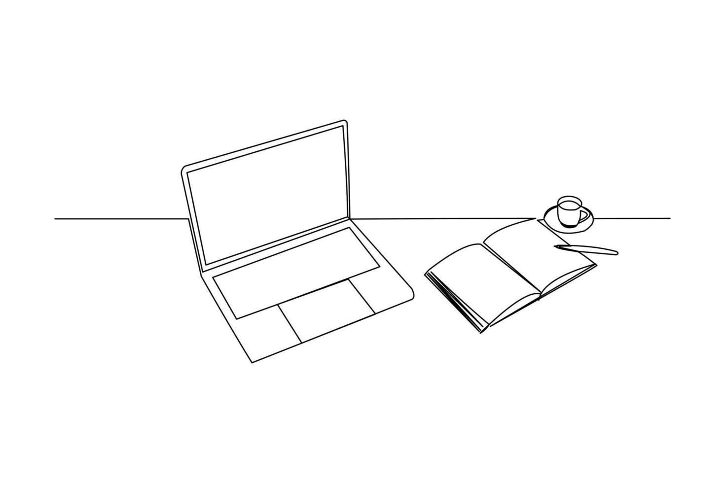 Continuous line drawing of stack of books line up with computer laptop, book and a cup of coffee. One line of study space desk concept. Single line draw design vector illustration