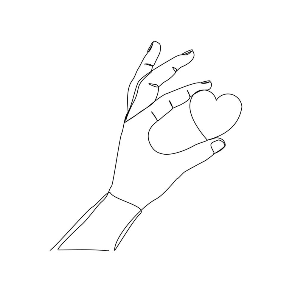 Continuous line drawing of hand holding love heart on white background. Single one line art of valentine. Vector illustration