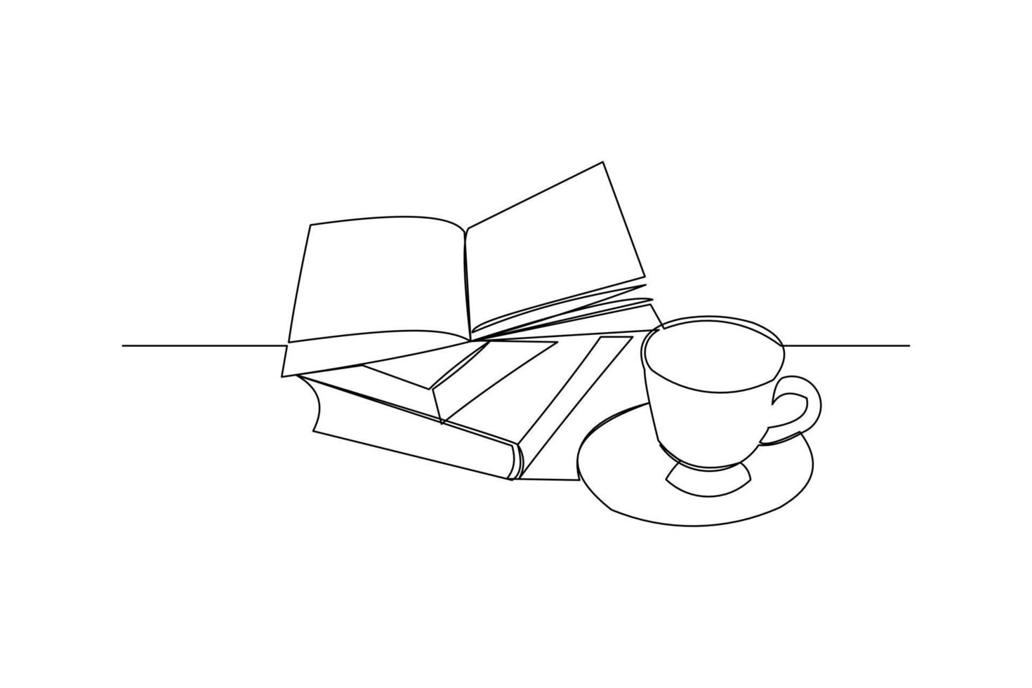 Continuous line drawing of an open book beside a cup of coffee at work desk. Writing draft business concept. Modern single one line art draw design vector graphic illustration