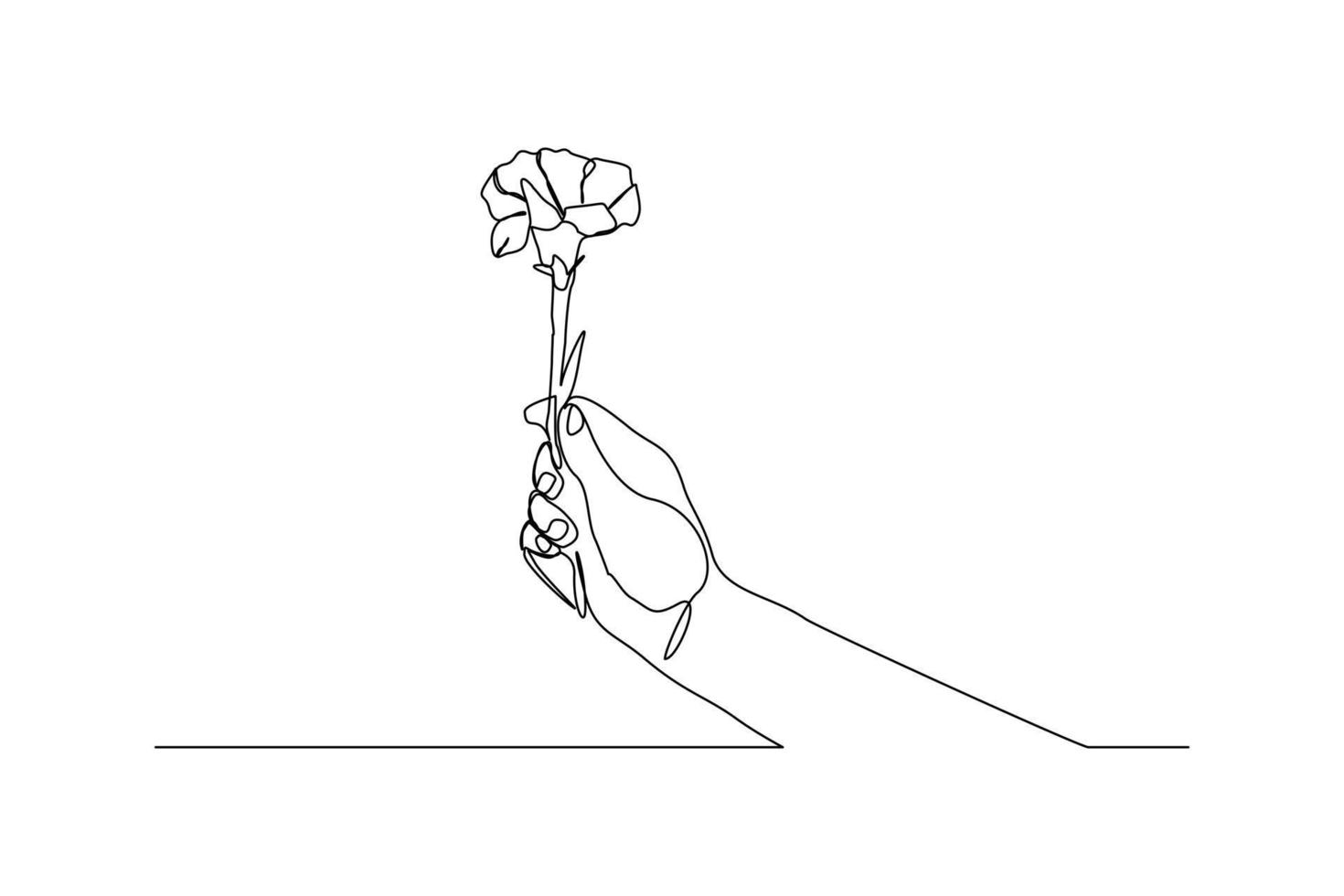 Continuous line drawing of a hand holding bouquet flower. Hand's woman with a flower isolated on white background. Give a sign of love for someone. Minimalism style. Vector sketch illustration