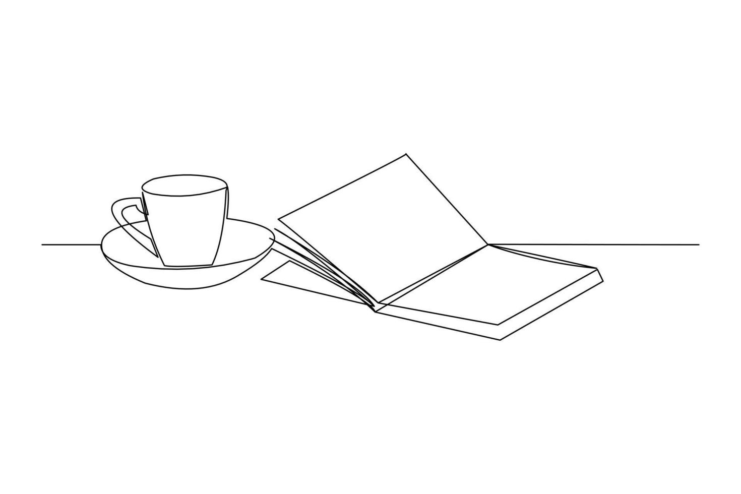 Continuous line drawing of an open book beside a cup of coffee at work desk. Writing draft business concept. Modern single one line art draw design vector graphic illustration