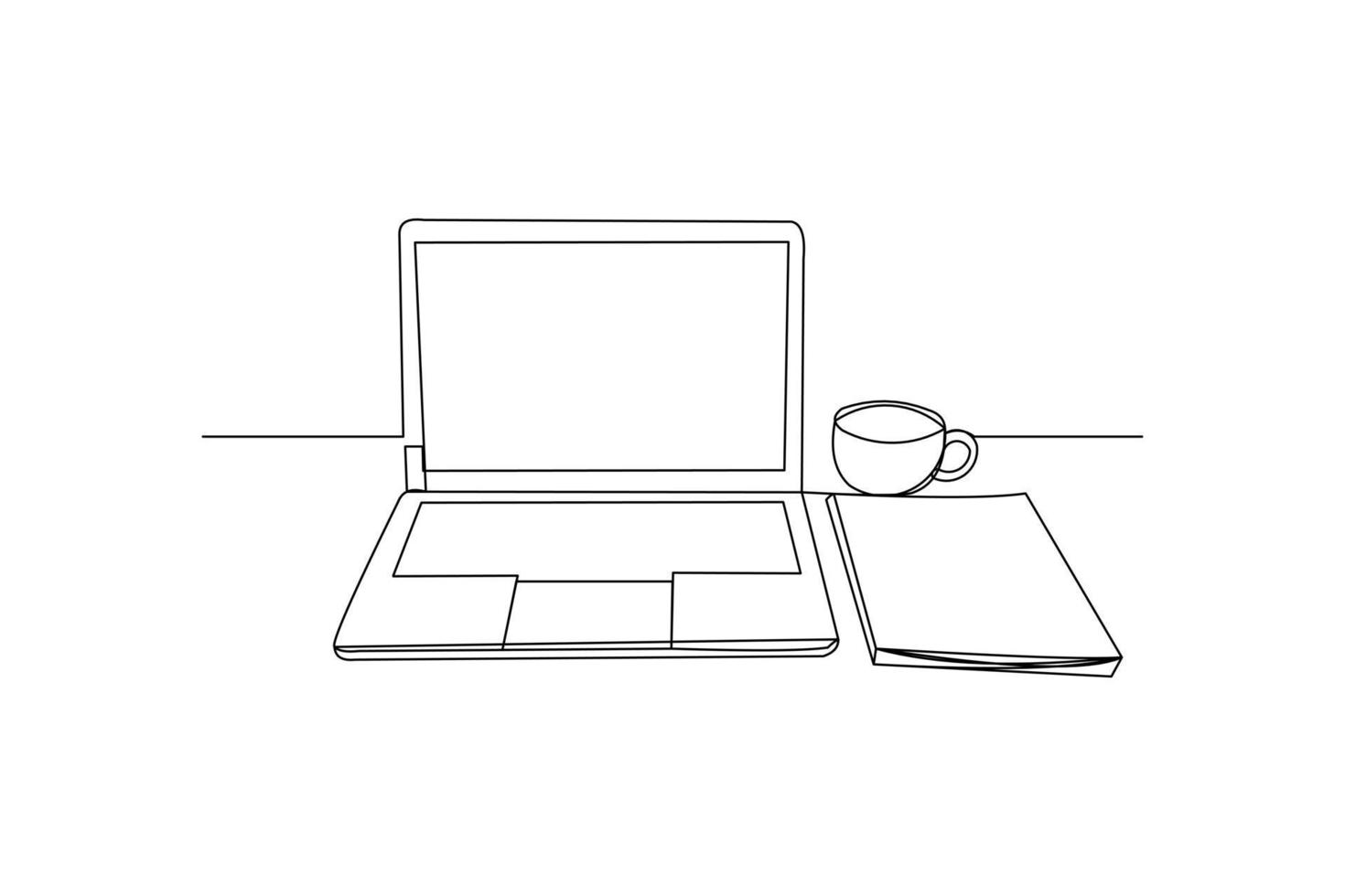 Continuous line drawing of stack of books line up with computer laptop, book and a cup of coffee. One line of study space desk concept. Single line draw design vector illustration