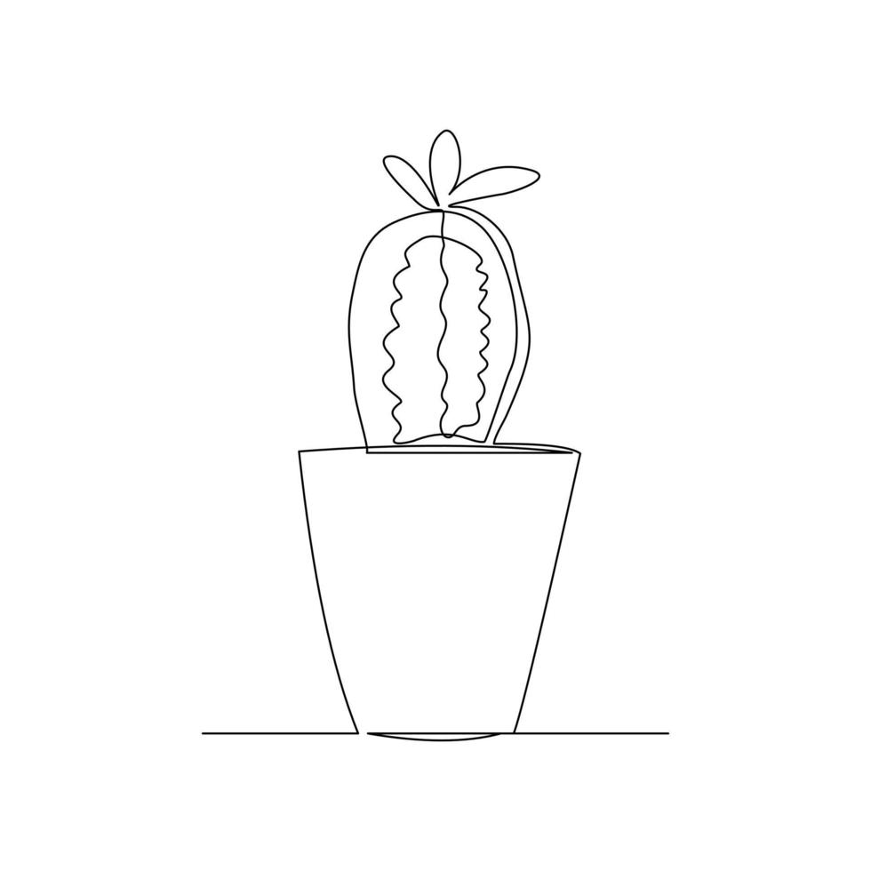 Continuous line drawing of cactus in pot. One lien art isolated white background of potted cactus. Vector illustration