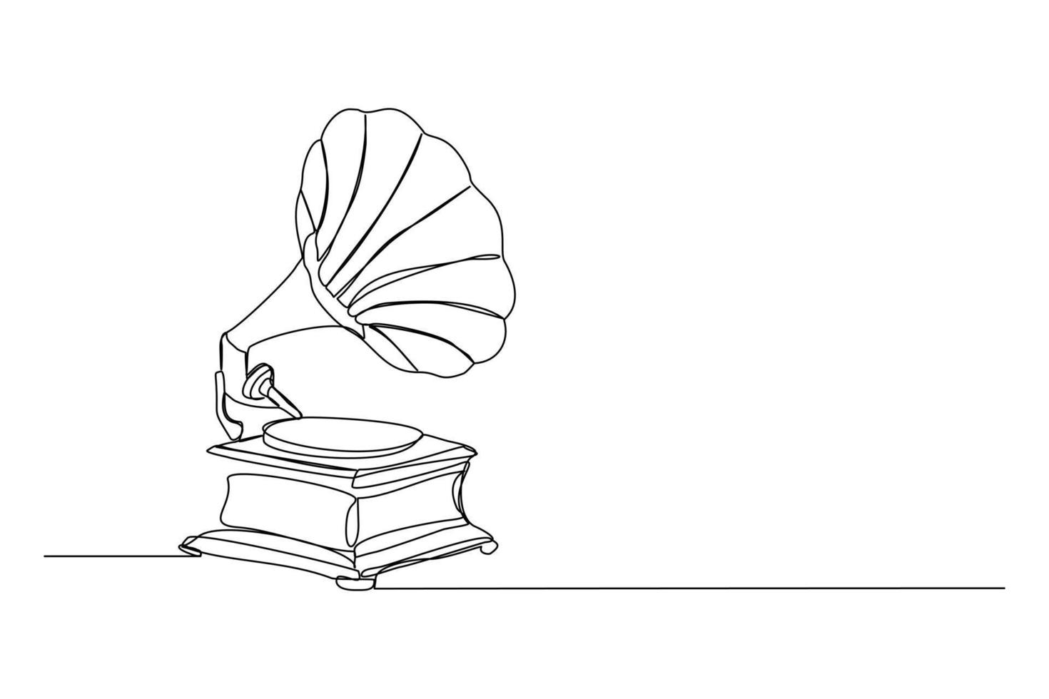 Continuous line drawing of old retro analog gramophone with vinyl desk. Single one line art of antique vintage music player concept. Musical instrument design vector illustration