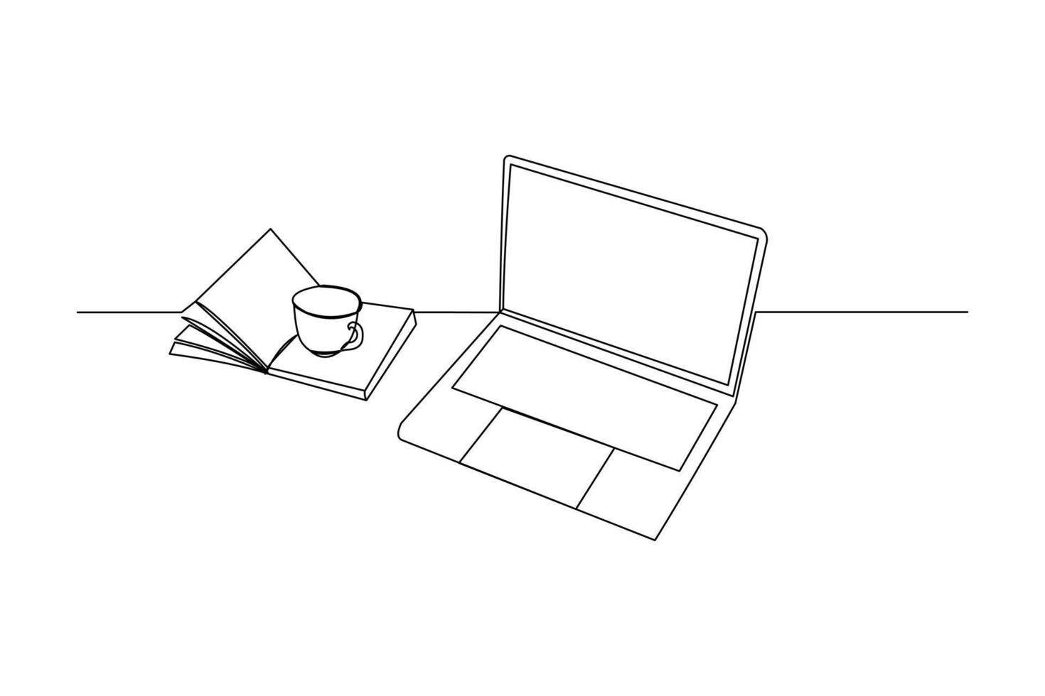 Continuous line drawing of stack of books line up with computer laptop, book and a cup of coffee. One line of study space desk concept. Single line draw design vector illustration