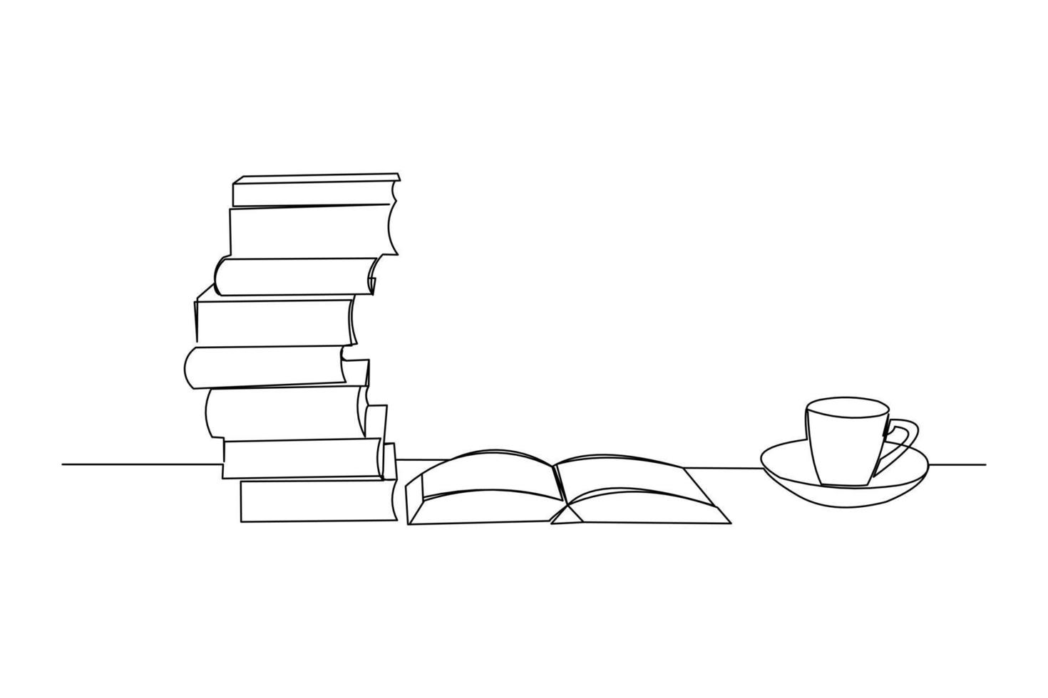 dibujo continuo de una pila de libros junto a una taza de café en el escritorio. escribir un proyecto de concepto de negocio. ilustración gráfica vectorial de diseño de dibujo de arte de una sola línea moderna vector