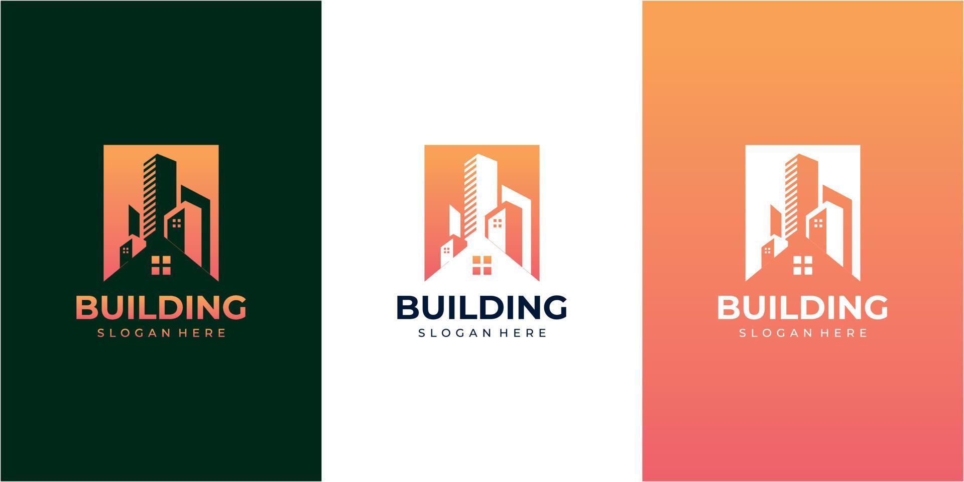 Impresionante concepto de diseño de logotipo de edificio y casa color naranja degradado. icono edificio, casa, hogar vector