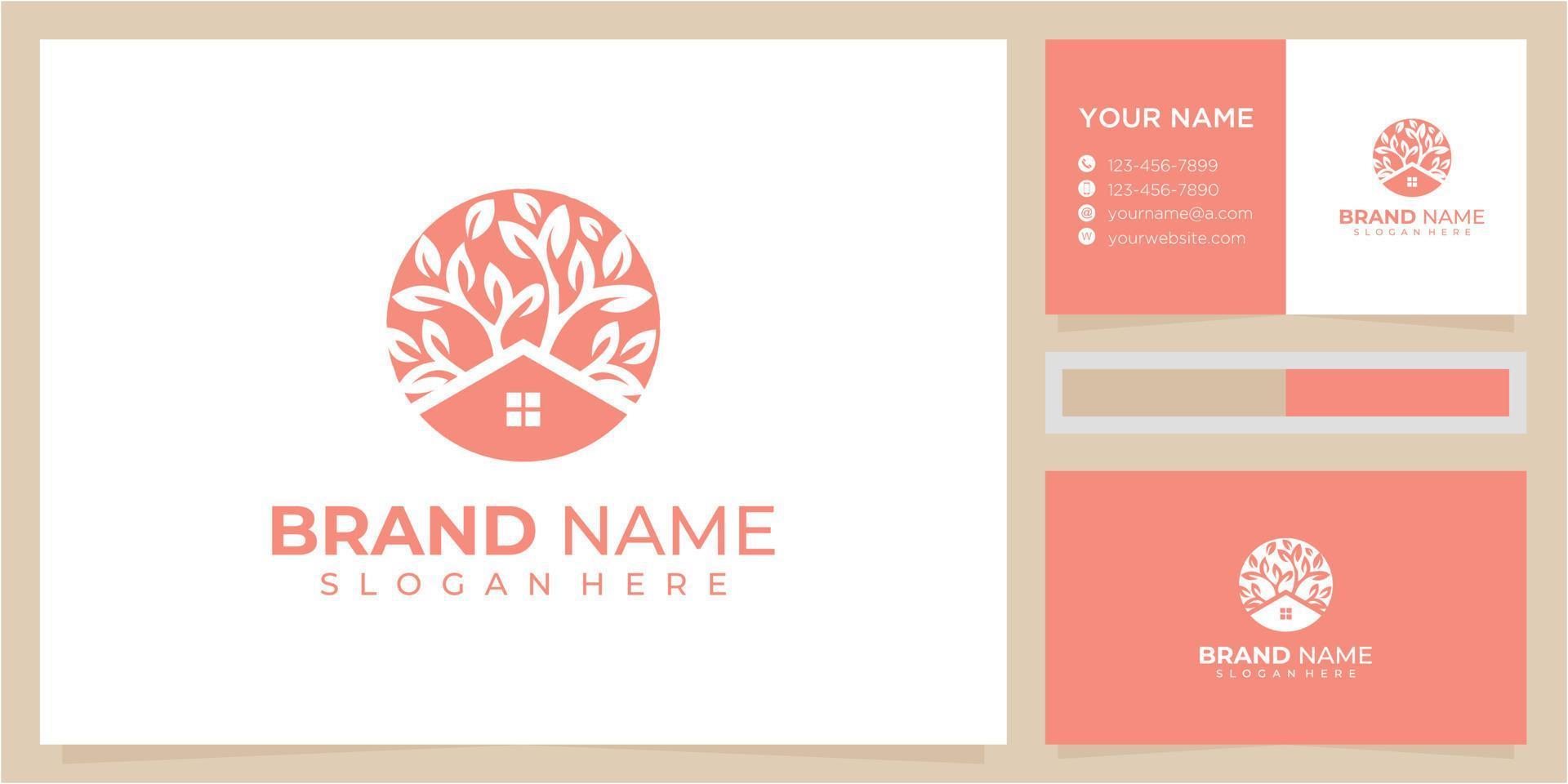 house tree nature logo design inspiration with business card design. leaf home logo design, tree icon, roof icon vector