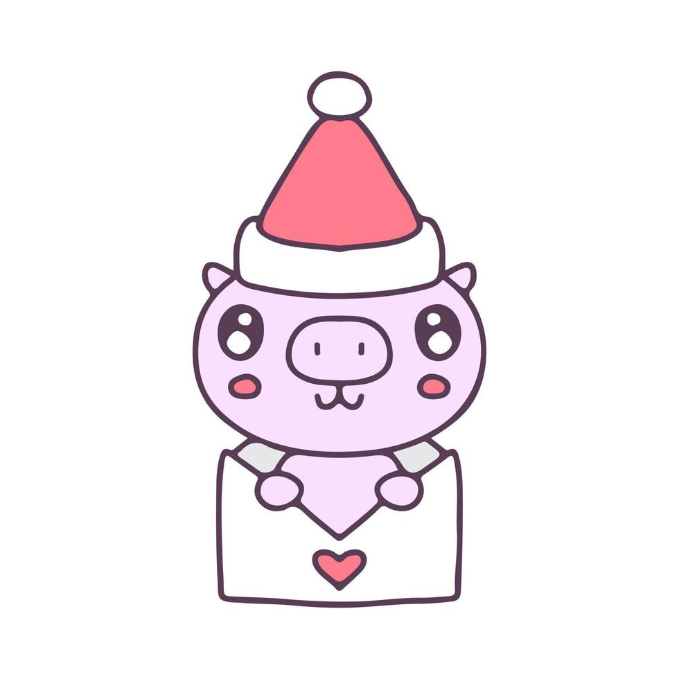 Cute pig wear Santa hat in envelope cartoon. Christmas illustration. Vector graphics for t-shirt prints and other uses.