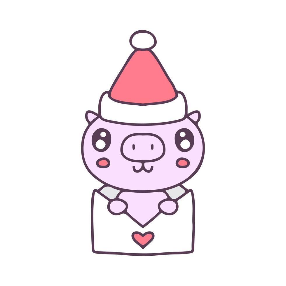 lindo cerdo usar sombrero de santa en dibujos animados de sobres. ilustración de navidad. gráficos vectoriales para estampados de camisetas y otros usos. vector