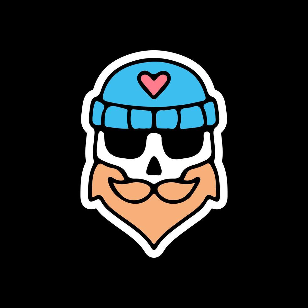 cabeza de calavera con lindo gorro con barba y bigote. ilustración para camisetas, afiches, logotipos, pegatinas o prendas de vestir. vector