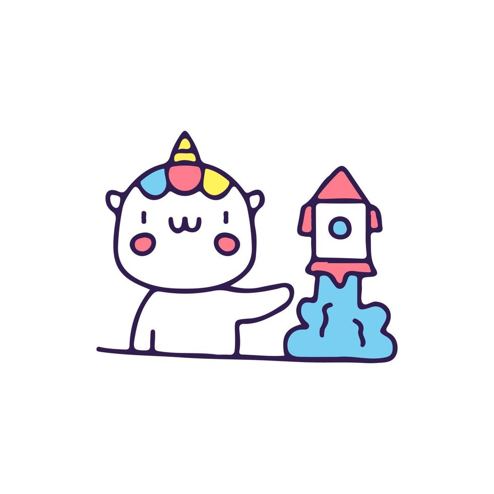 Cute unicorn with launching rocket. illustration for t shirt, poster, logo, sticker, or apparel merchandise. vector