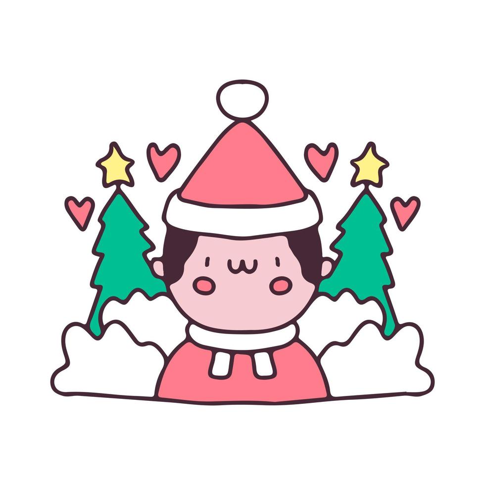 niño lindo con traje de santa y árbol de navidad. ilustración para camiseta, póster, logotipo, pegatina o mercancía de ropa. vector