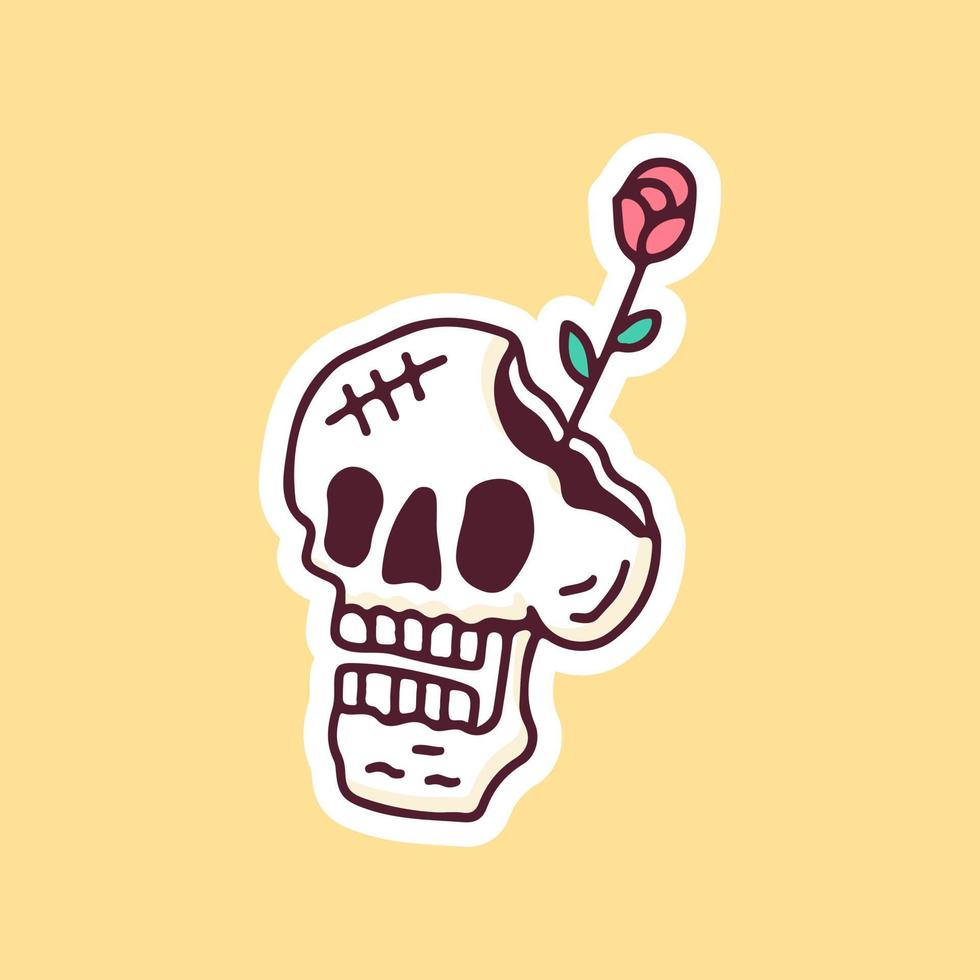 cabeza de calavera rota con rosas. ilustración para camisetas, afiches, logotipos, pegatinas o prendas de vestir. vector