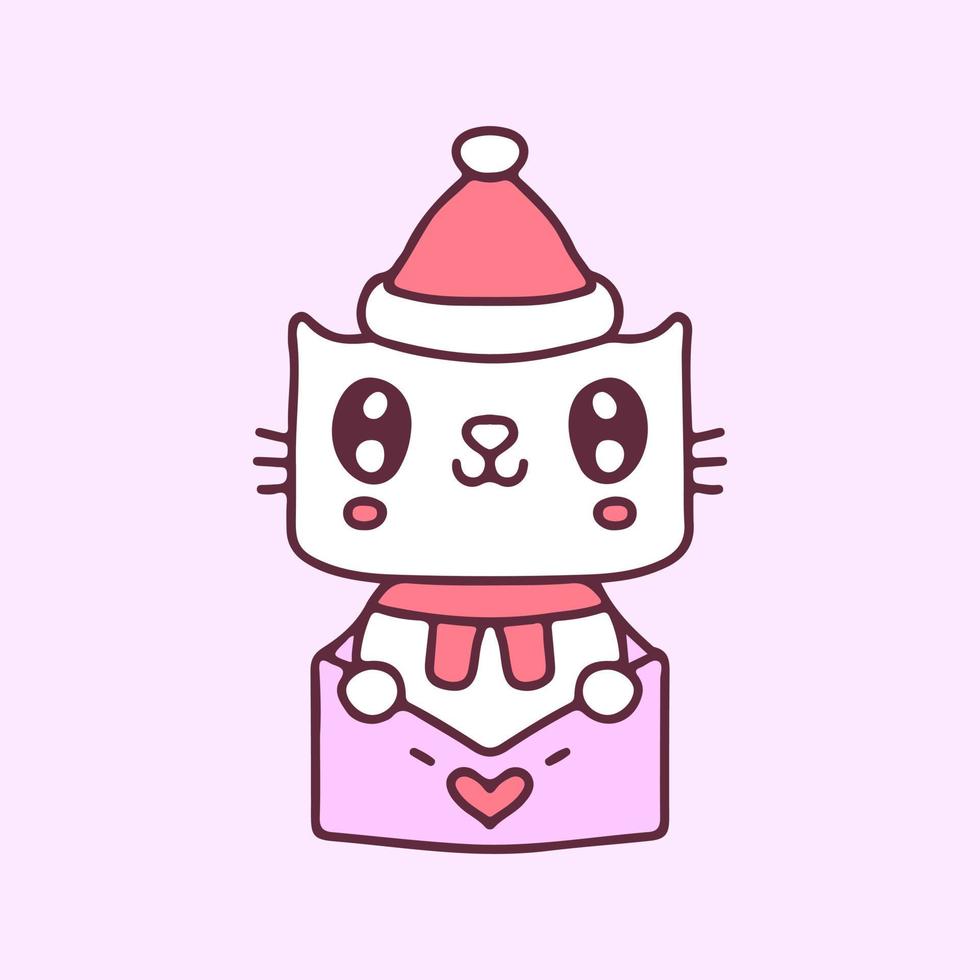 Kawaii cat wear Santa hat in love letter cartoon. Christmas illustration. Vector graphics for t-shirt prints and other uses.