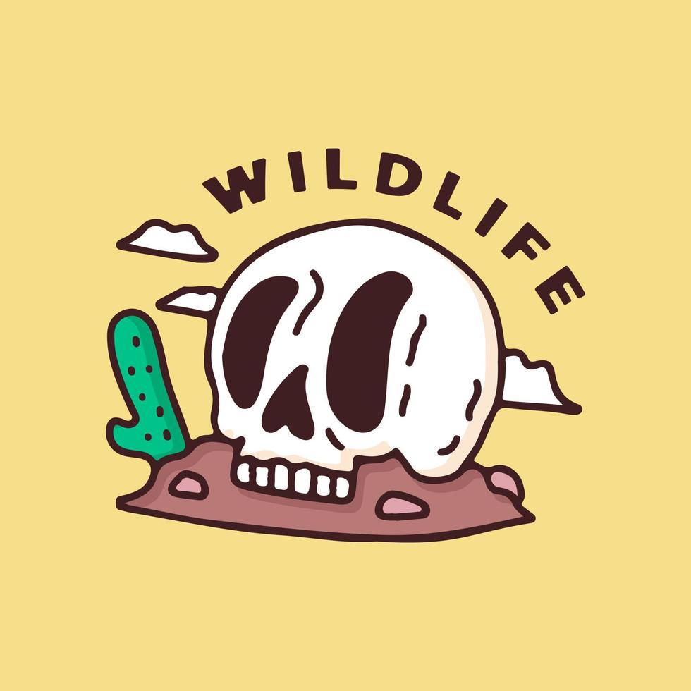 Skull head on desert with cactus. illustration for t shirt, poster, logo, sticker, or apparel merchandise. vector