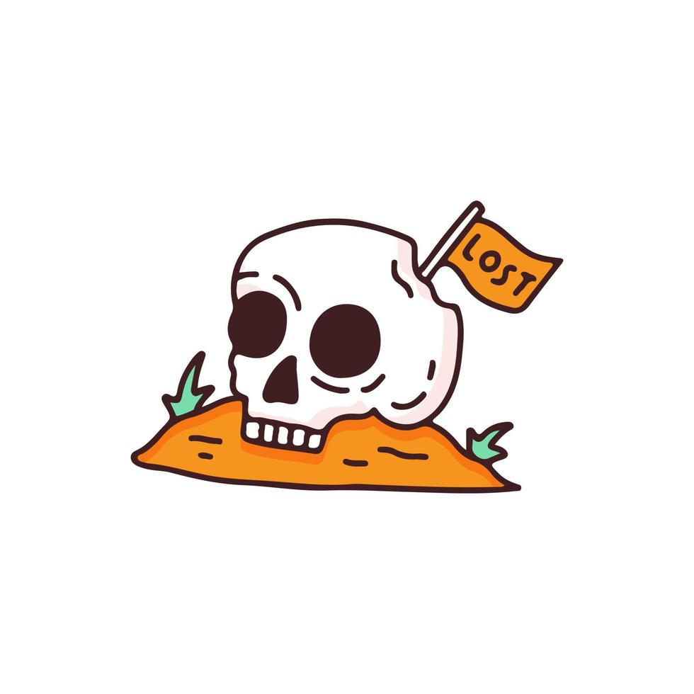 cabeza de calavera fresca en el suelo con bandera. ilustración para camisetas, afiches, logotipos, pegatinas o prendas de vestir. vector