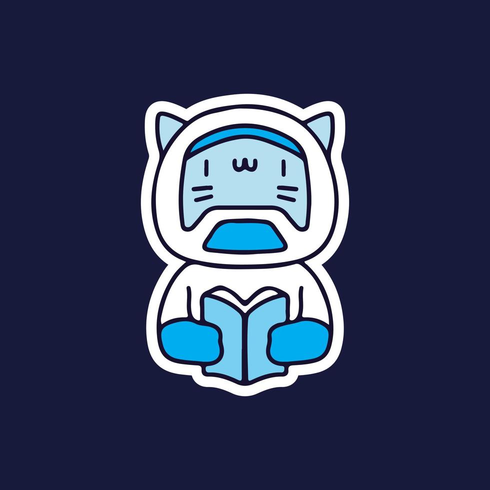 printcute cat en traje de astronauta leyendo un doodle de dibujos animados de libros. ilustración para camisetas, afiches, logotipos, pegatinas o prendas de vestir. vector