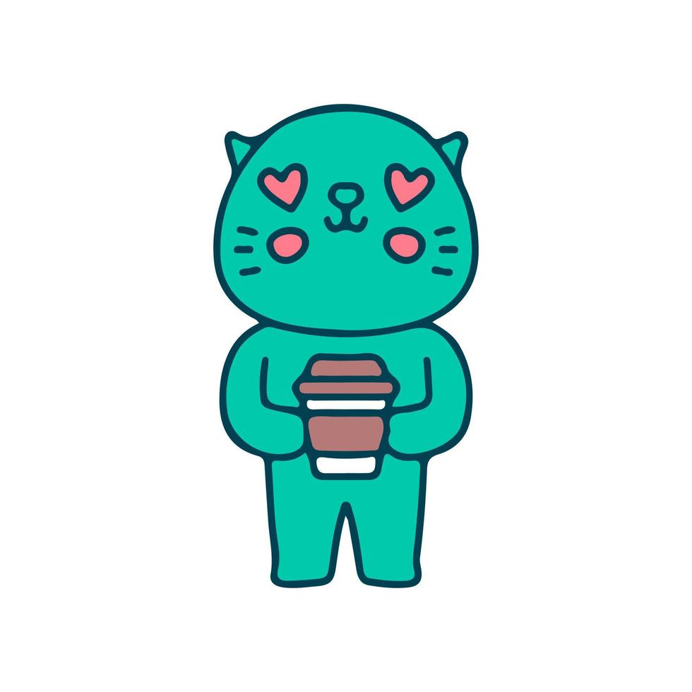 gato alienígena con taza de café. ilustración para camisetas, afiches, logotipos, pegatinas o prendas de vestir. vector