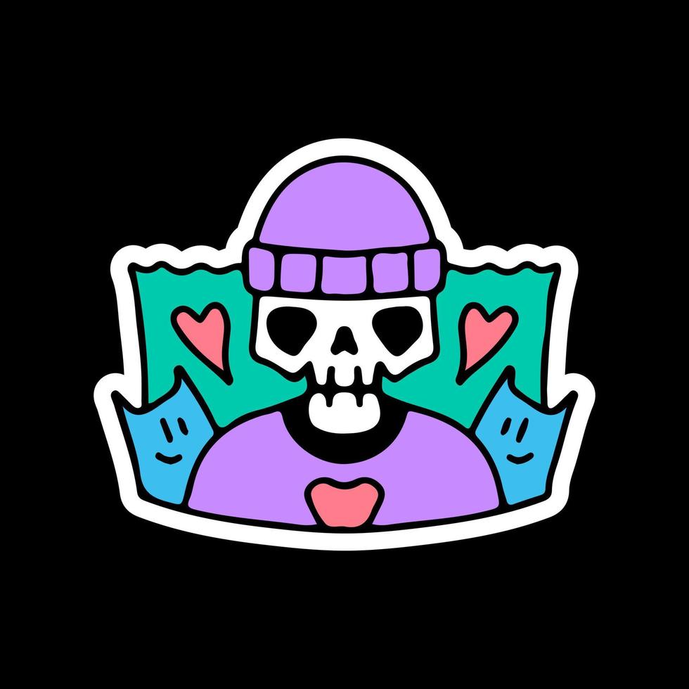 Trendy skull in beanie hat with cat. illustration for t shirt, poster, logo, sticker, or apparel merchandise. vector