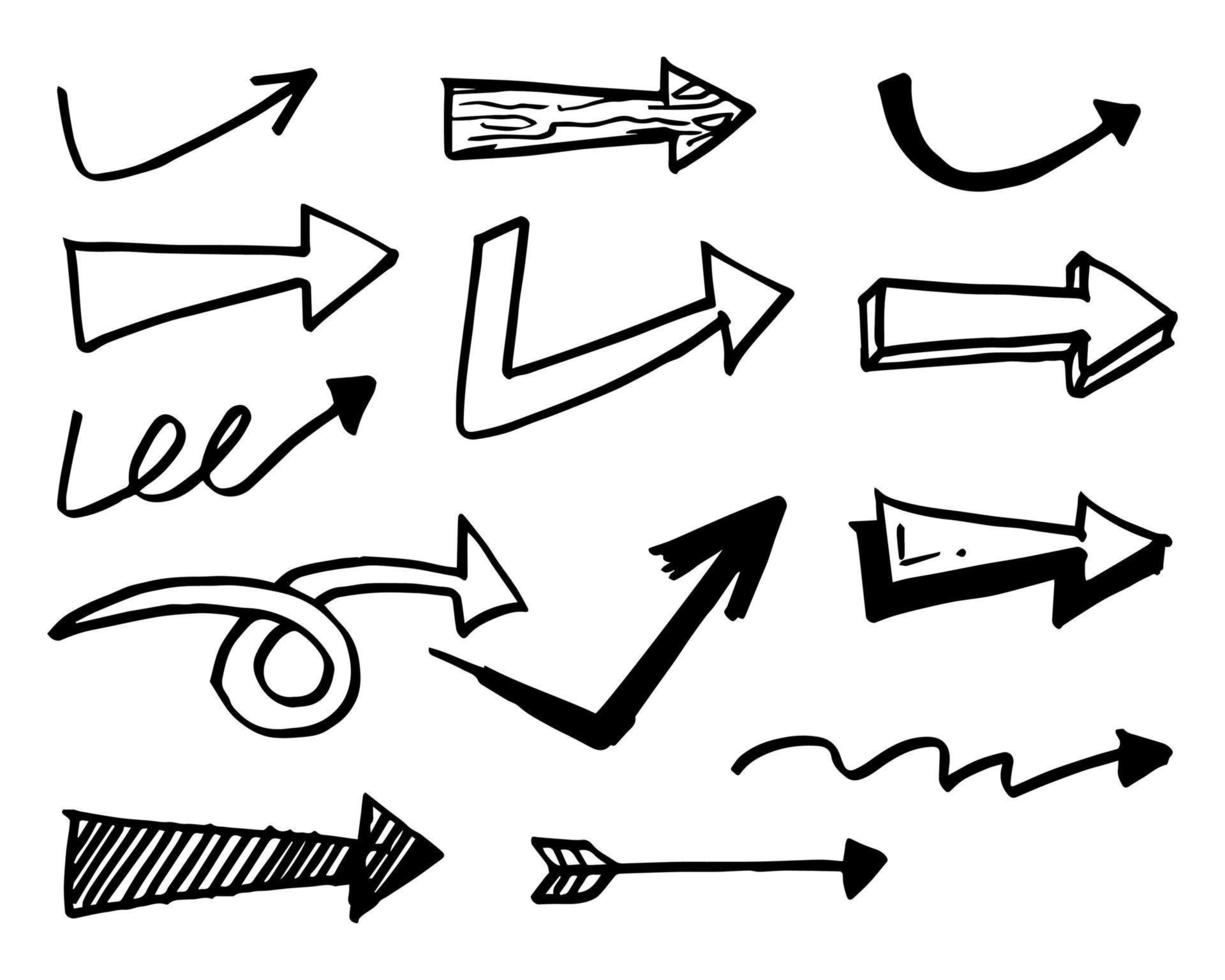 hand drawn arrow icon set isolated on white background. Doodle vector illustration.