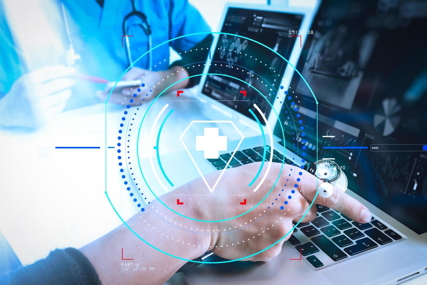 Medical technology network team meeting concept. Doctor hand working smart phone modern digital tablet laptop computer graphics chart interface, sun flare effect photo