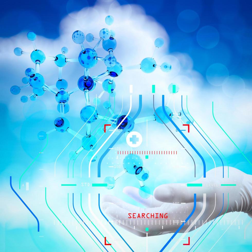 scientist doctor hand holds virtual 3d  molecular structure in the lab photo