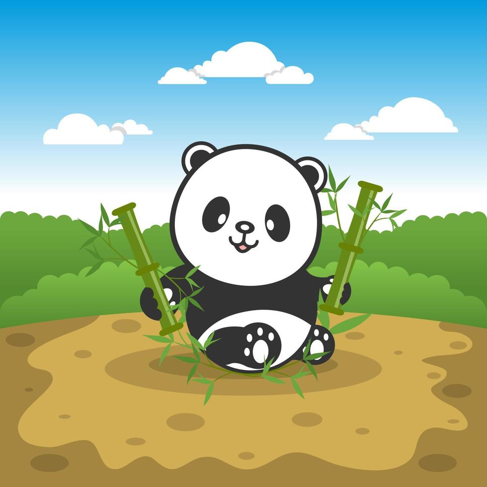linda ilustración del personaje de dibujos animados panda comiendo bambú con fondo de bosque verde y cielo azul. vector