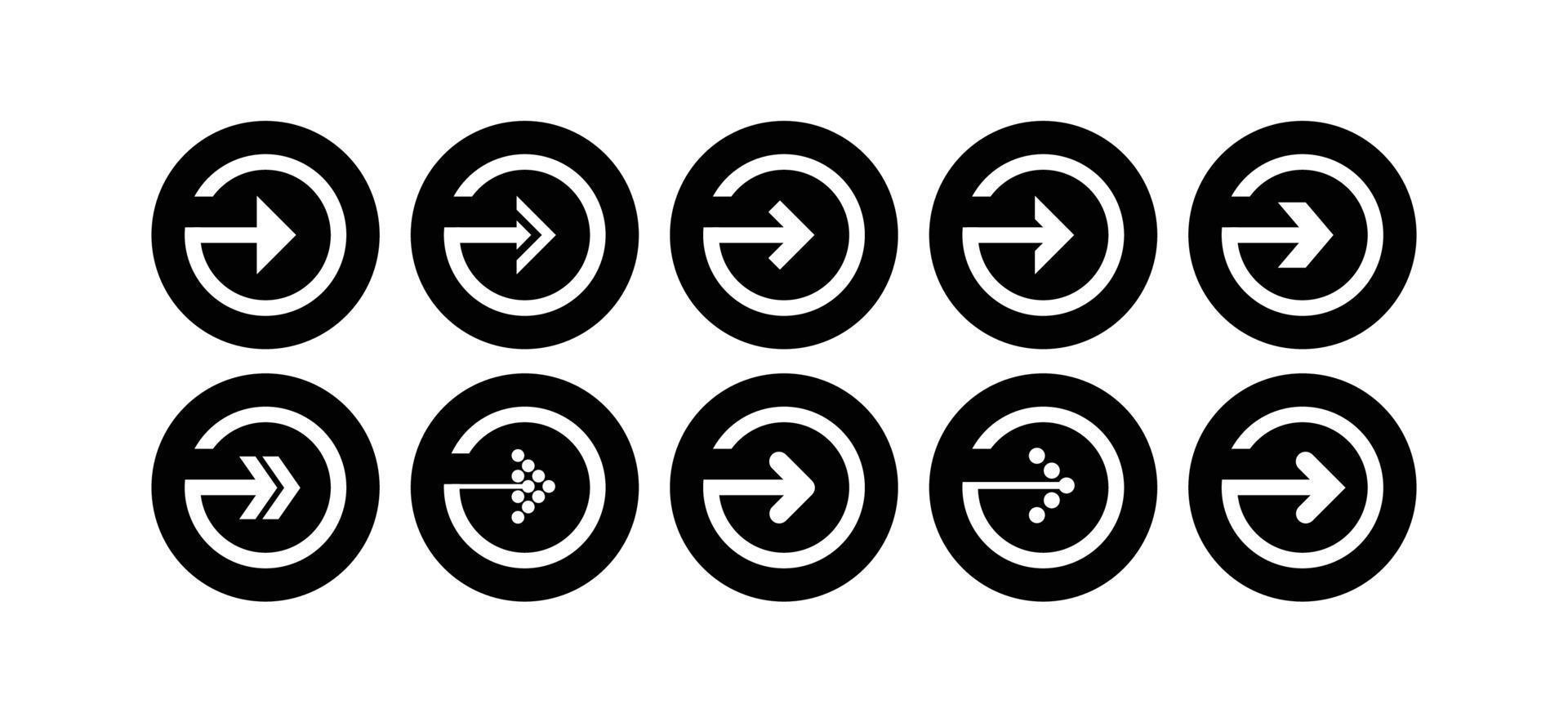 conjunto de iconos de ilustración de flecha negra en forma de círculo. vector